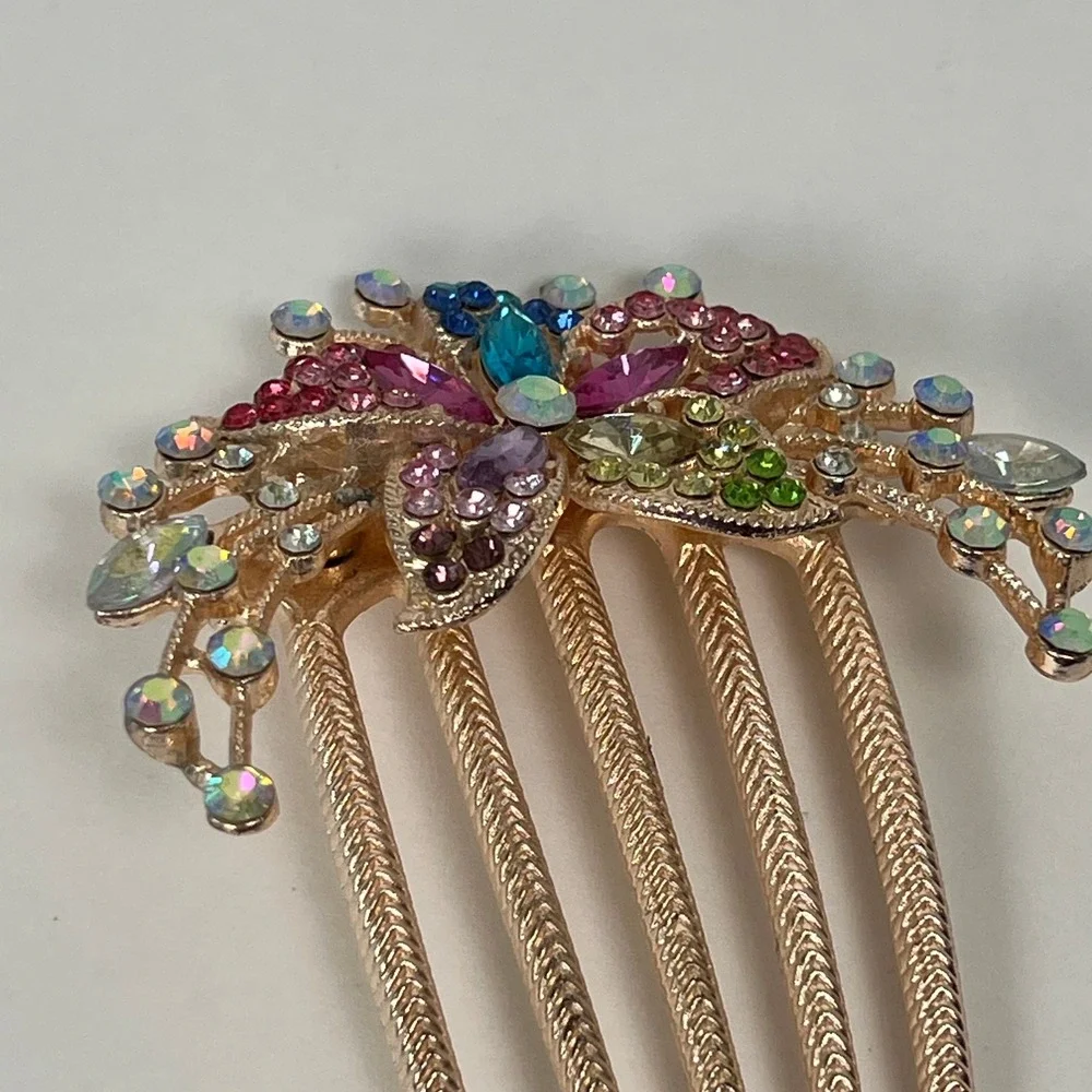 Rhinestone Hair Comb Gold Tone Flower Floral Jeweled‎ Hair Accessory Bridal Prom